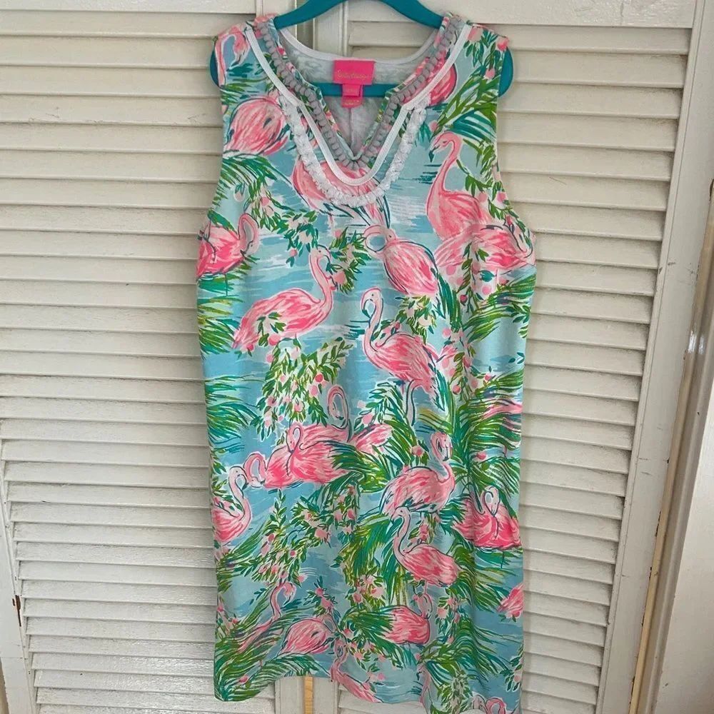 🦩Lilly Pulitzer Flamingo🦩🦩Pom Pom Dress 👗 Tropical 🏝️ Comfy!